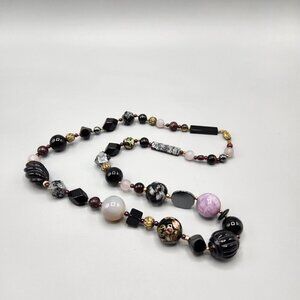 Stone Bead Necklace Rose Quartz Snowflake Obsidian Cloisonne Gradient 30"